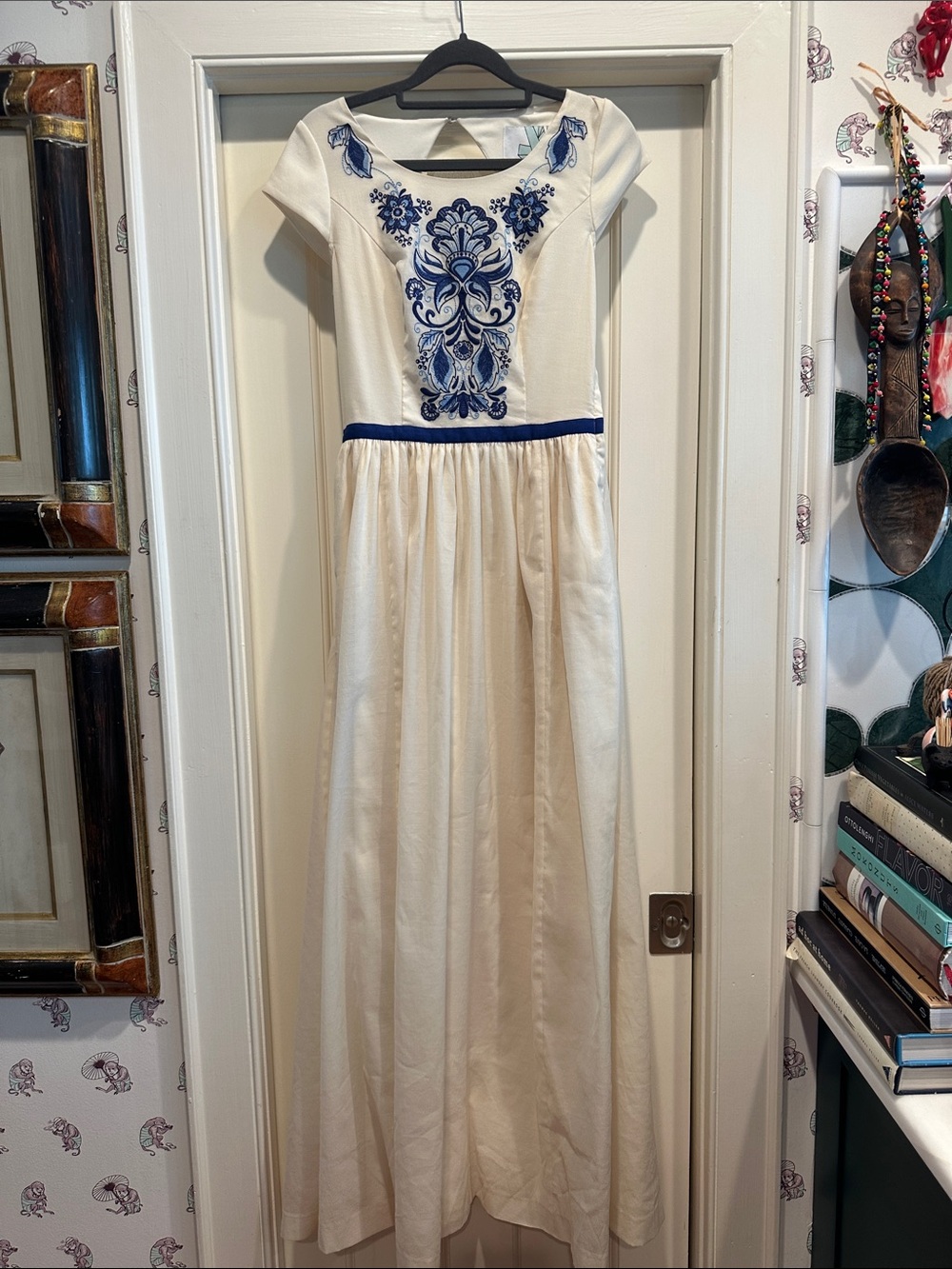 Cream Maxi Wedding Dress with Blue Embroidered Bodice